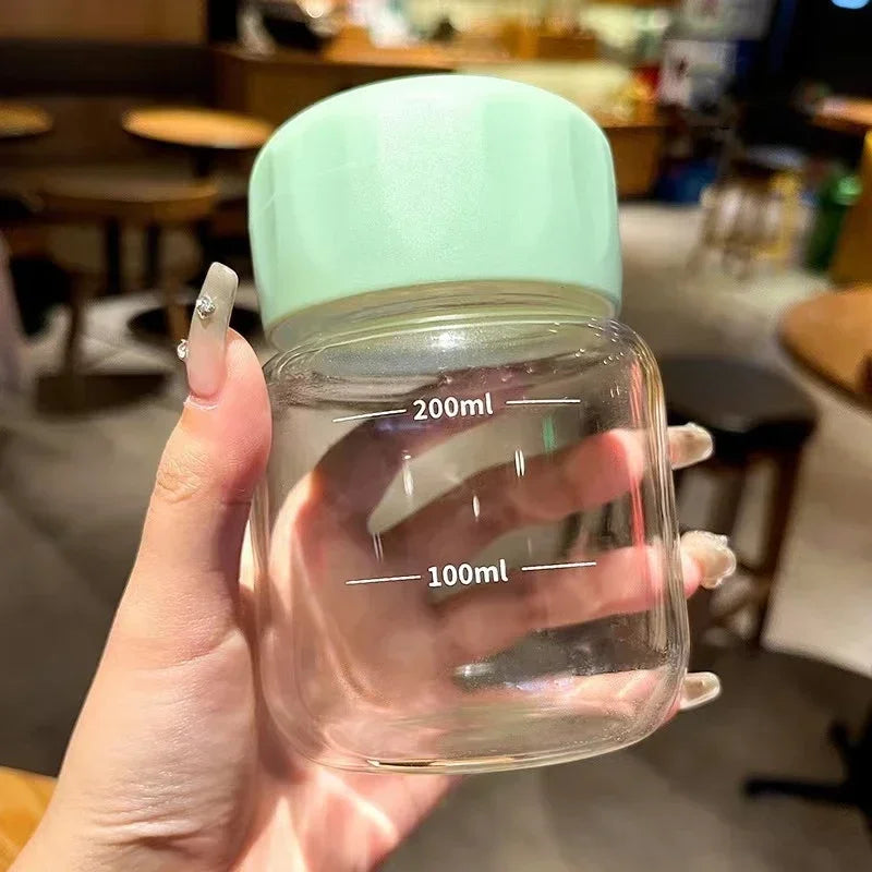 300ml High Borosilicate Glass Mini Water Cup with Lid – Transparent Leak-Proof Juice Mug for Travel and Home Use