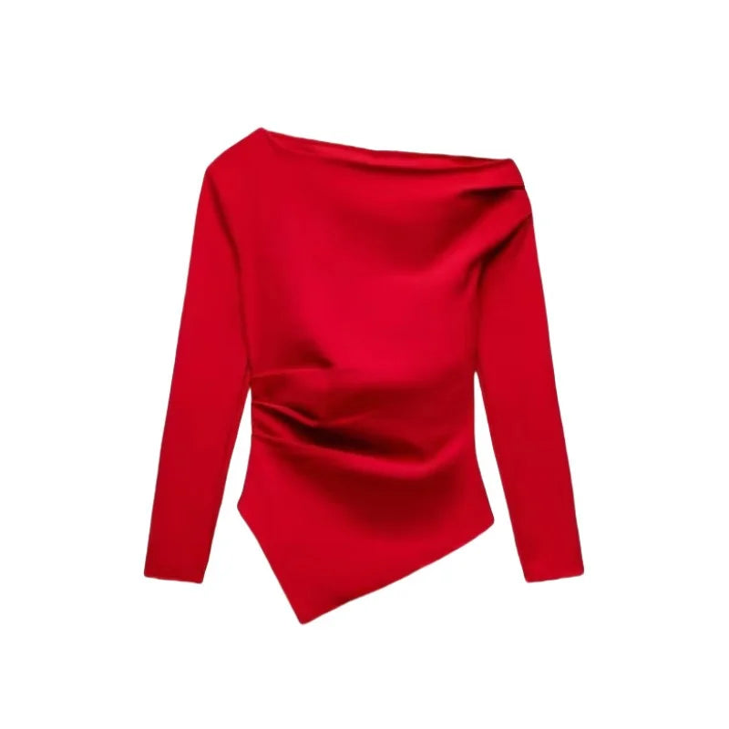 Asymmetrical Pleated Long Sleeve Top – European Style Slim Fit Tee for Women