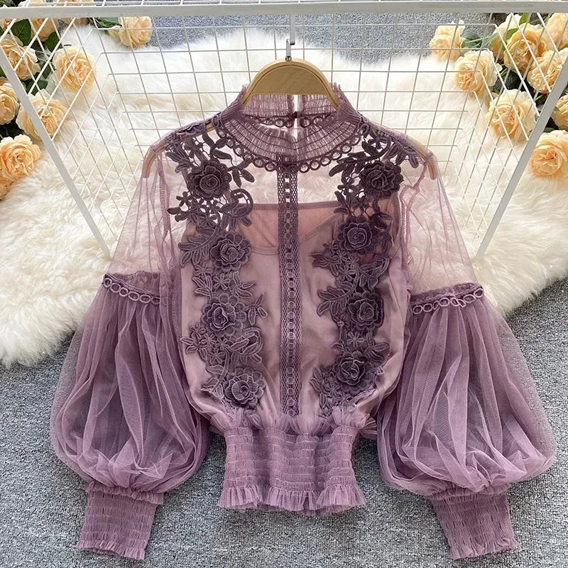 Vintage Lace Patchwork Blouse with Puff Sleeves – Elegant Slim Fit Shirt for Women