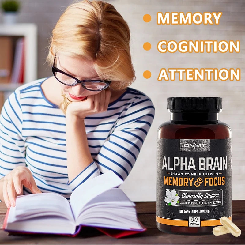 Alpha Brain Nootropic Supplement – Supports Focus, Memory & Mental Clarity – Cognitive Enhancer with Vitamin B6 – 90 Capsules