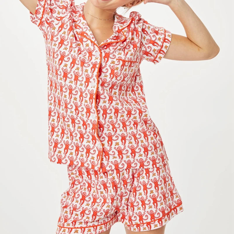 Women's Rainbow Monkey Print Pajama Set – Y2K Short Sleeve Button-Up Shirt and Shorts Lounge Sleepwear for Summer