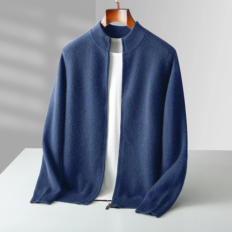 100% Merino Wool Men’s Zip Cardigan – Thick Warm Knitted Sweater with Mock Collar, Long Sleeve Casual Wool Top for Autumn & Winter