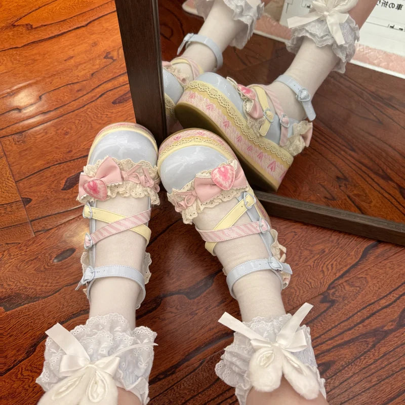 Sweet Lolita Platform Mary Jane Shoes – Strawberry Bow Lace Flats for Girls and Students