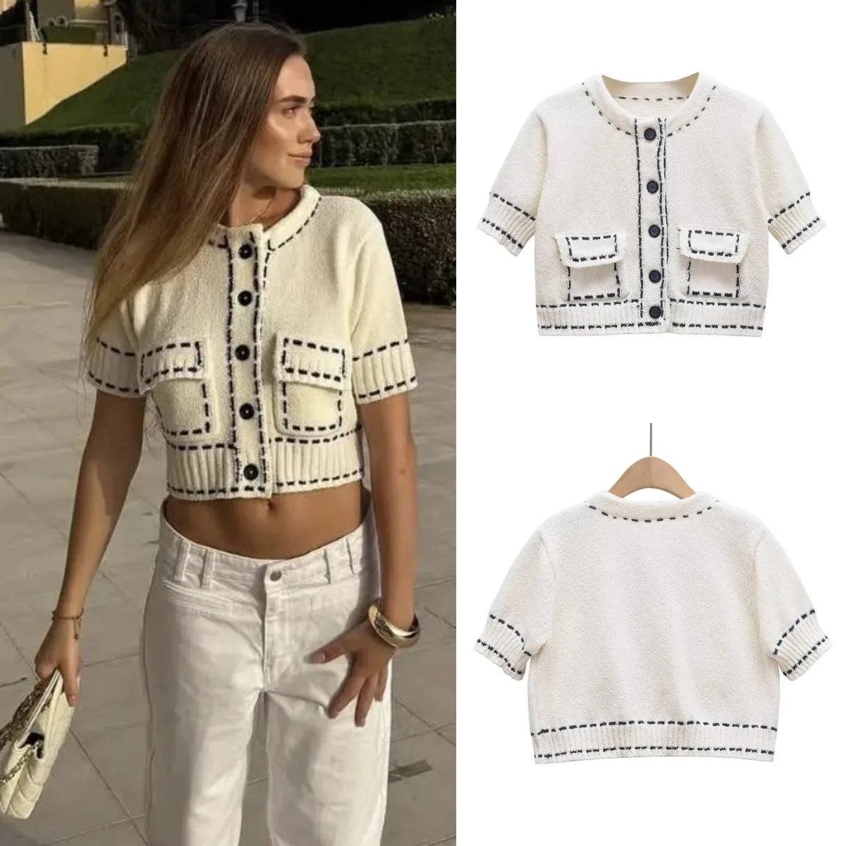 Women's Handmade Knitted Cardigan Coat – Short Sleeve Patchwork Contrast Color Sweater with Pockets