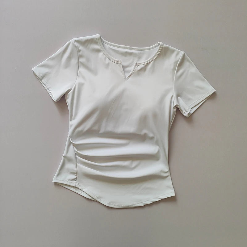 V-Neck Yoga Training Top – Women's Short Sleeve Tie-Front Gym Shirt with Built-In Bra