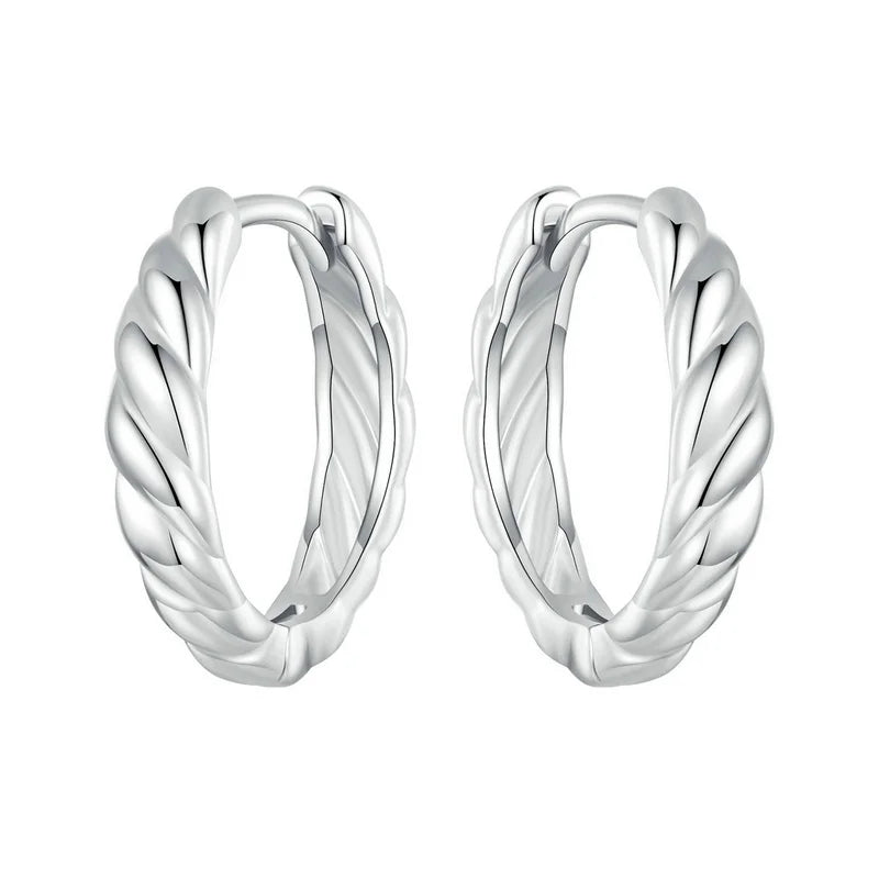 Sterling Silver Twisted Rope Huggie Hoop Earrings – White Gold Plated Lightweight Hypoallergenic Design