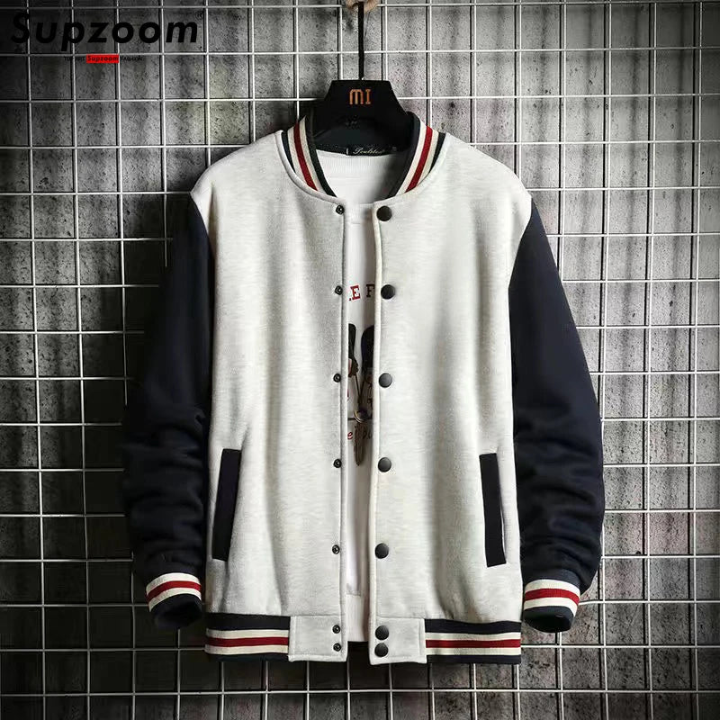 Supzoom Fleece Bomber Jacket for Men – Casual Baseball Uniform Style with Rib Sleeves and Cotton Lining