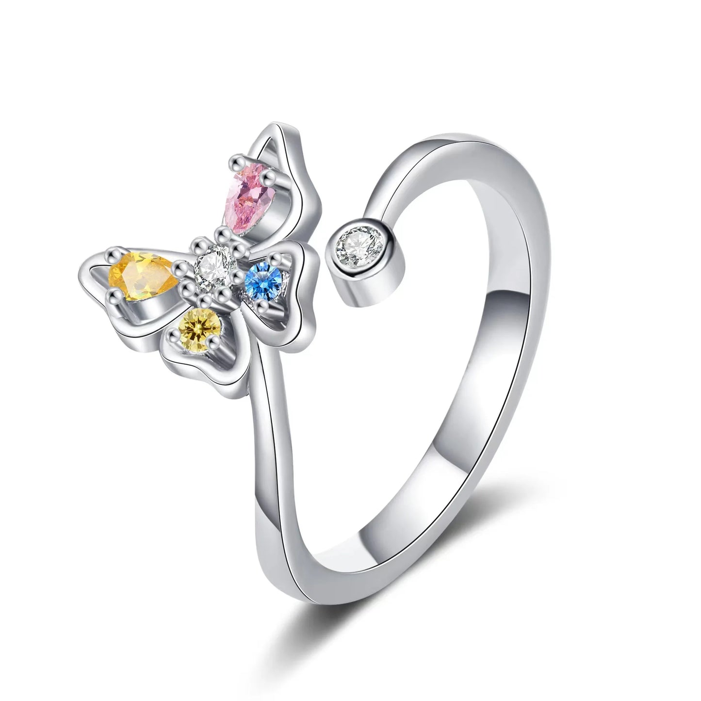 Vintage 925 Sterling Silver Adjustable Butterfly Ring with Zircon – Elegant Open Insect-Inspired Cocktail Ring for Women