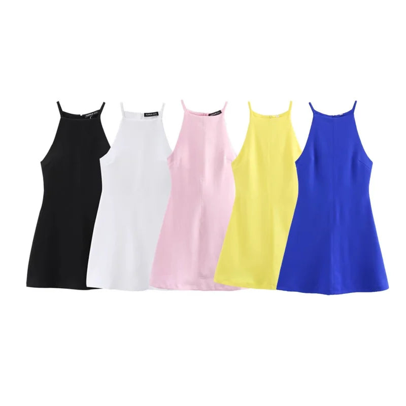 Stretch Knit Halter Mini Dress – 2024 TRAF Sleeveless A-Line Summer Fit with Interlock Neck