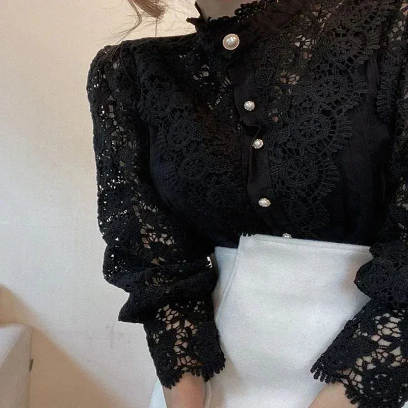 Vintage Lace Hollow Floral Blouse – Stand Collar Button-Up Long Sleeve Shirt for Women