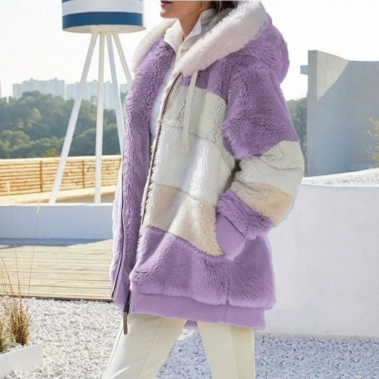 Women's Oversized Plush Hooded Jacket – Warm Loose Fit Zip-Up Streetwear Outerwear with Pockets