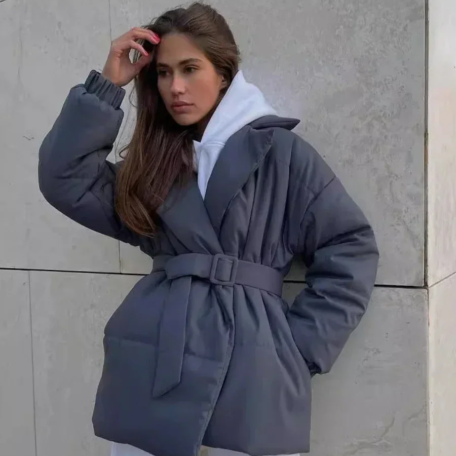 Women's Cotton Puffer Jacket – Belted Quilted Parka Coat for Winter, Warm Vintage-Inspired Outerwear