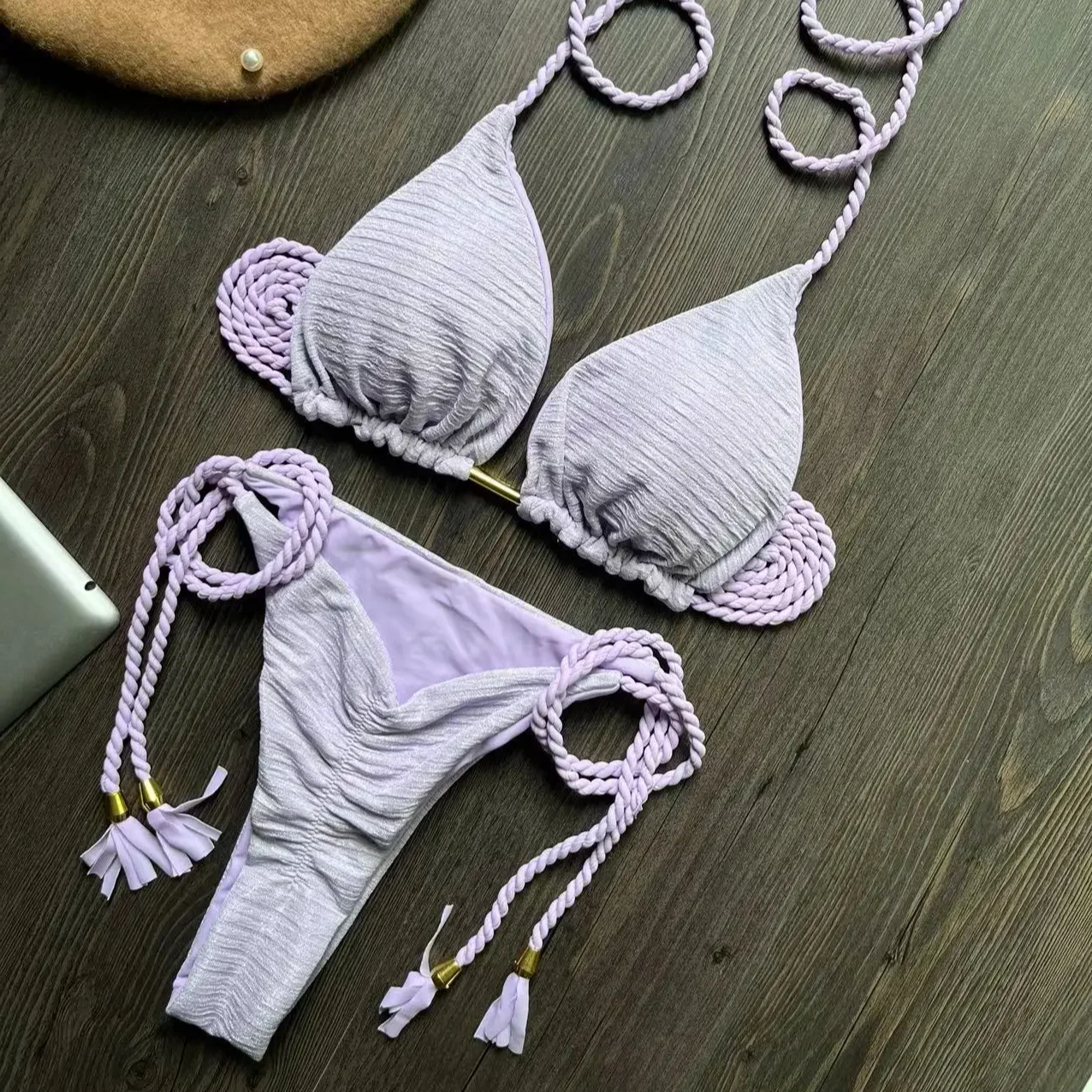 Women’s Braided Rope Bikini Set – Sexy Brazilian Swimsuit with Solid and Plant Print Options, Wire-Free Strap Design for Beach Style