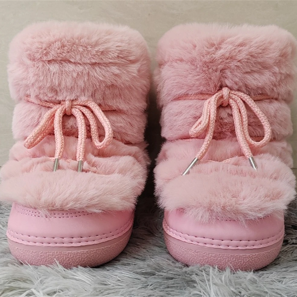 Women's Mid-Calf Snow Boots with Faux Rabbit Fur – Waterproof Winter Platform Ski Boots