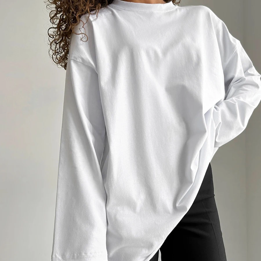 Women's Long Sleeve Cotton T-Shirt – Solid Color Casual Loose Fit Basic Top