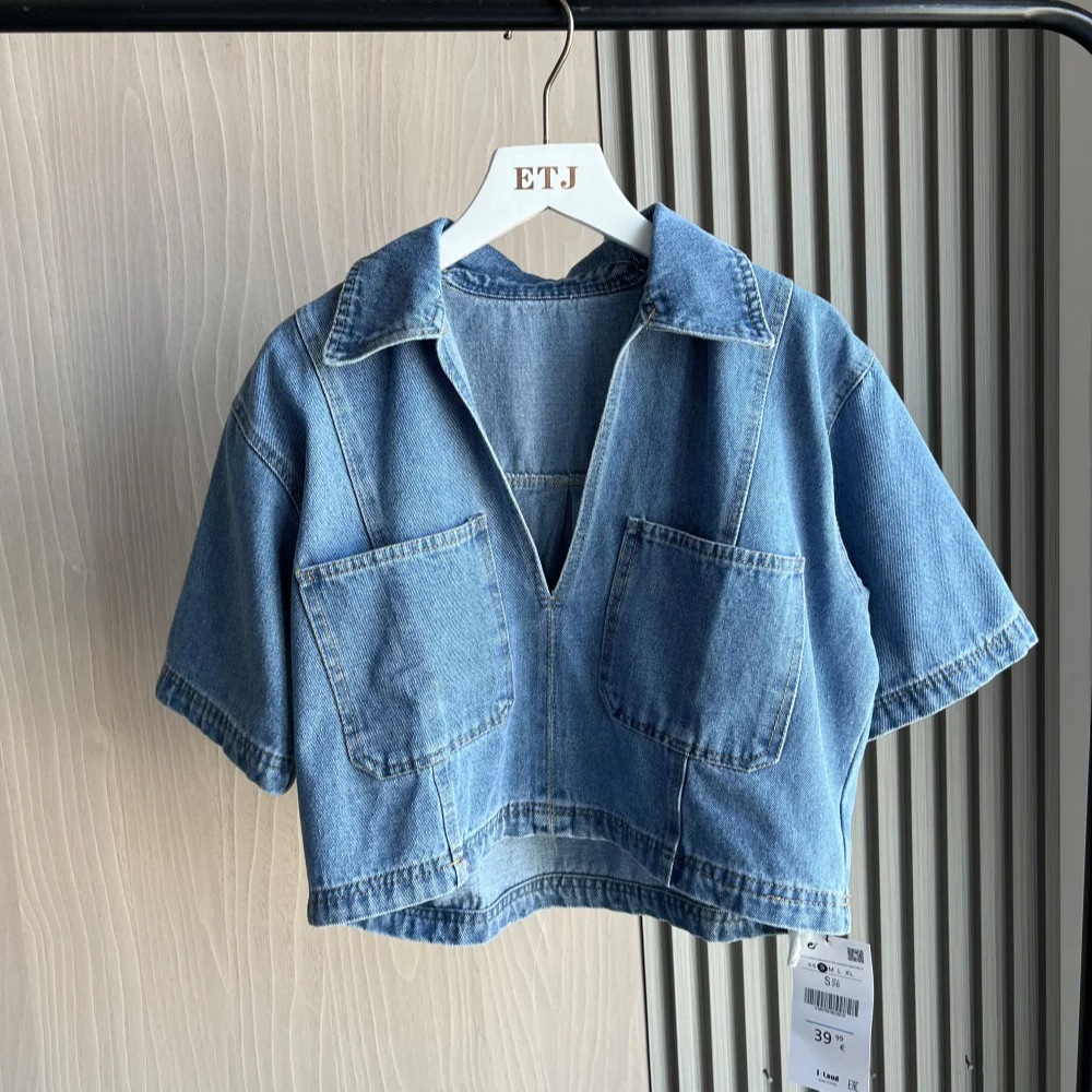 Women's Denim 2-Piece Set – V-Neck Crop Top & Asymmetrical Culottes | Summer Sexy Loose Fit Suit