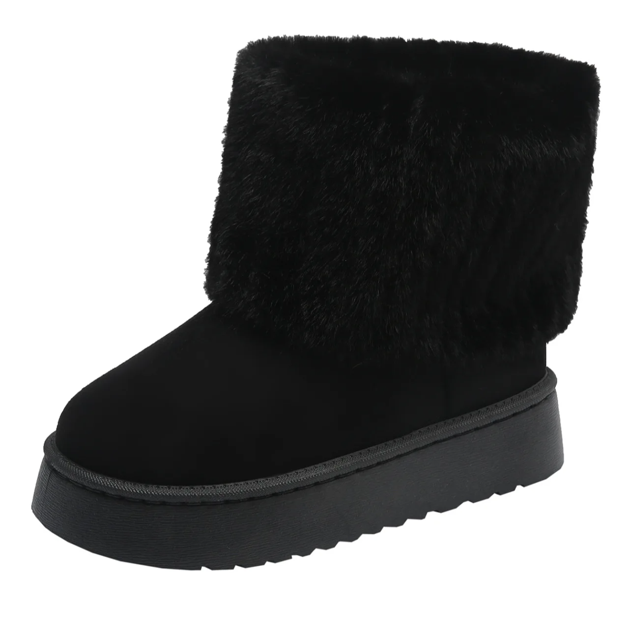 Women's Waterproof Winter Snow Boots – Black Round Toe Flock Mid-Heel Ankle Boots with Plush Lining