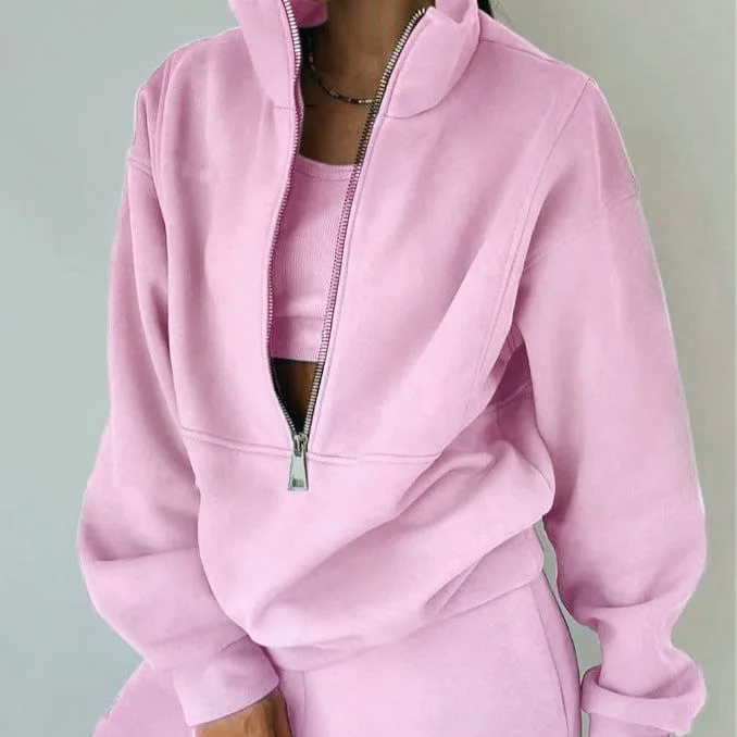 Women's Casual Tracksuit Set – Warm Two-Piece Zipper Outfit for Autumn and Winter, Loose Fit Sportwear