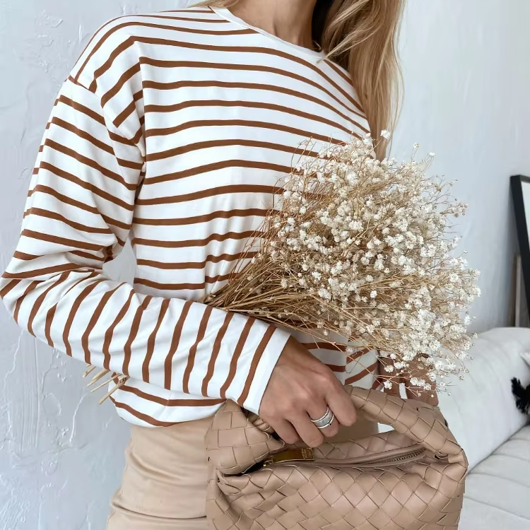 Women's Long Sleeve Striped T-Shirt – Casual Loose Cotton Tee Top for Spring Summer