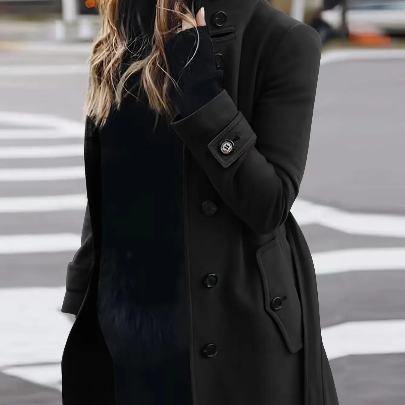 Women's Long Warm Coat – Turn-down Collar Thick Autumn Winter Jacket with Single Breasted Closure