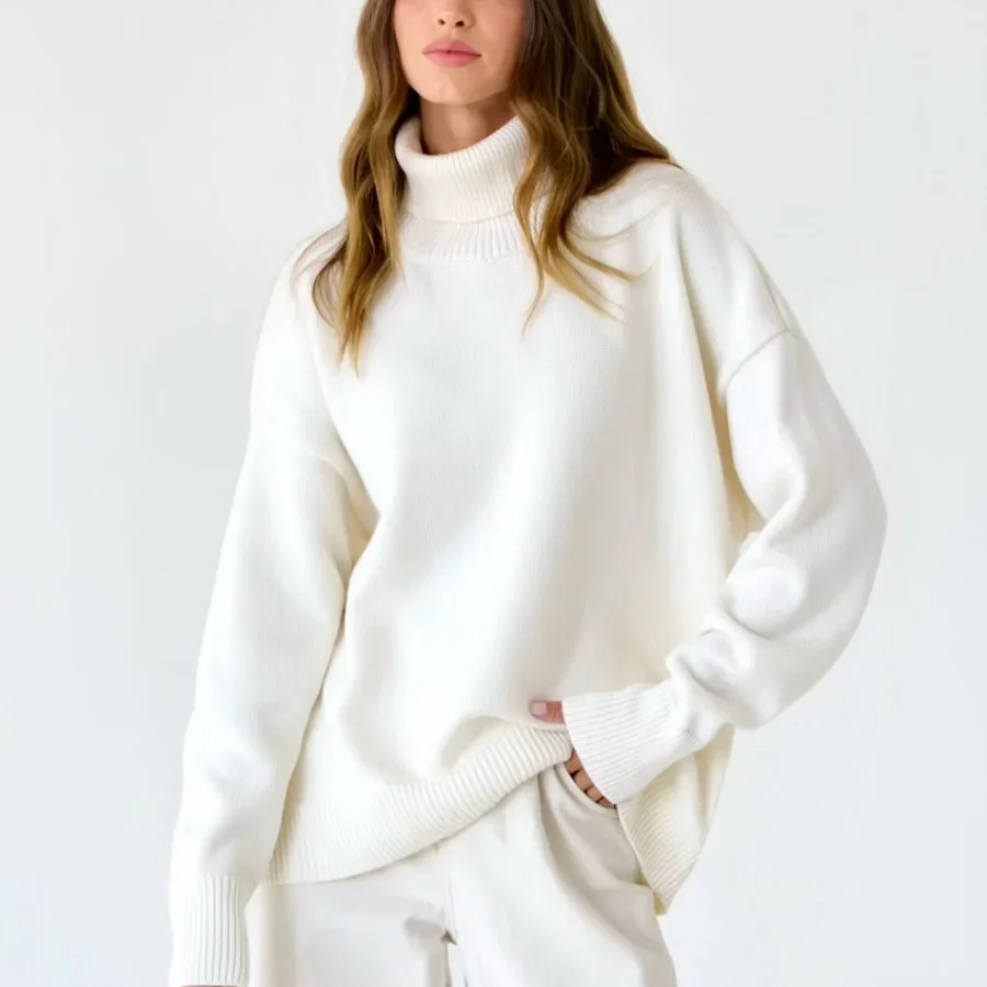 Women's Oversized Turtleneck Sweater – Thick Knit Casual Pullover for Autumn Winter