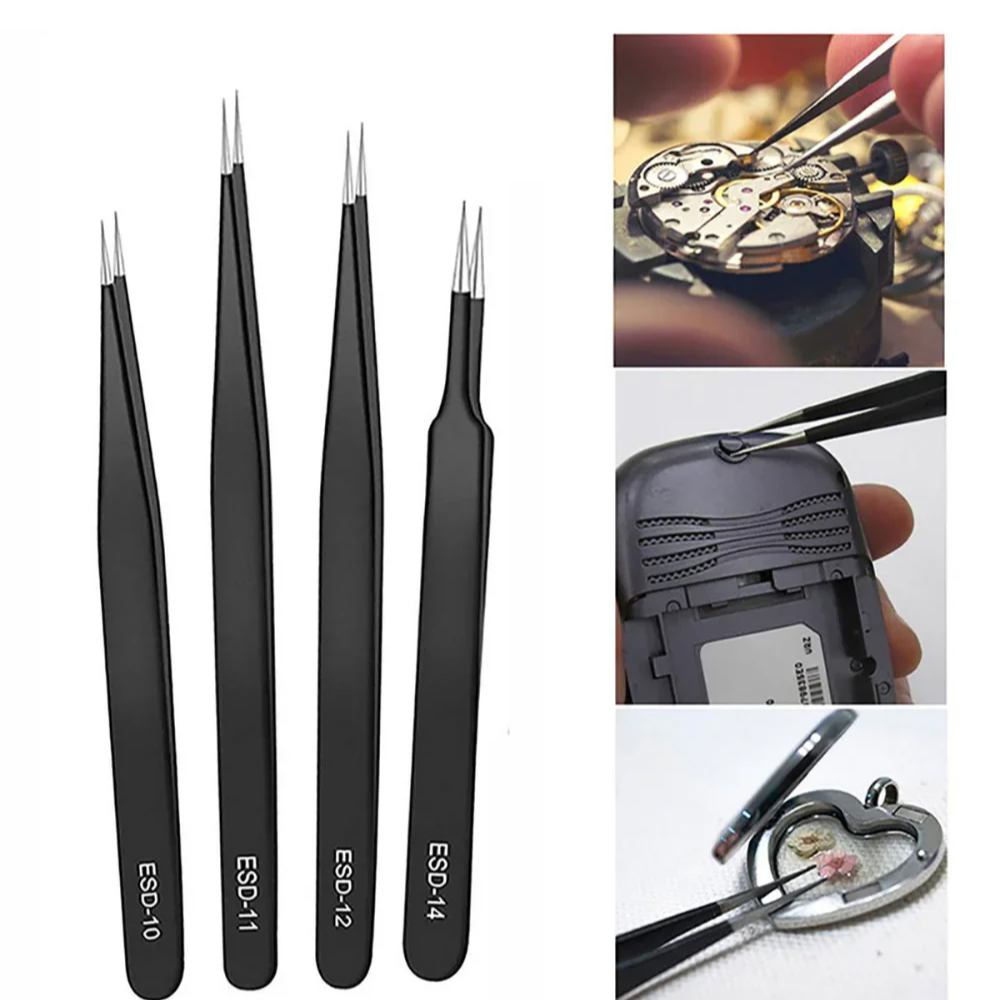 2/6PCS Anti-Static Precision Tweezers Set – Stainless Steel ESD Tweezers for Electronics, Soldering, Crafting, and Jewelry Repair