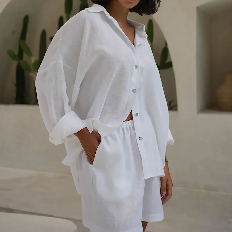 Women's 2-Piece Cotton Shorts Set – Casual Lapel Shirt with Lantern Sleeves & Elastic Waist Shorts, Summer Lounge Outfit