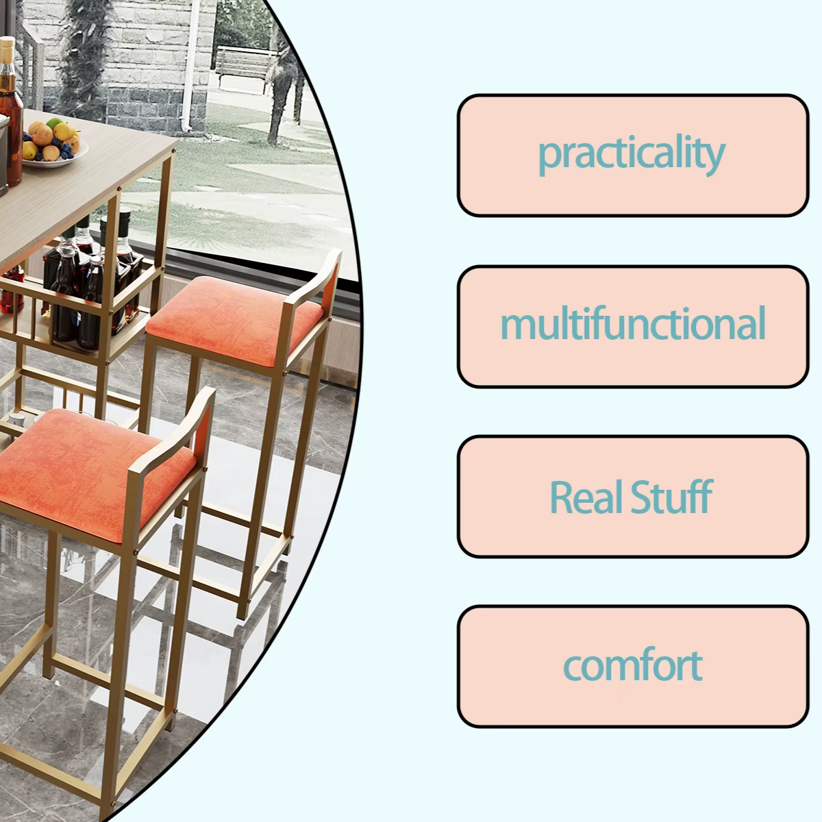 5-Piece Modern Bar Height Dining Set with Storage – Gold Frame and Orange Cushioned Chairs