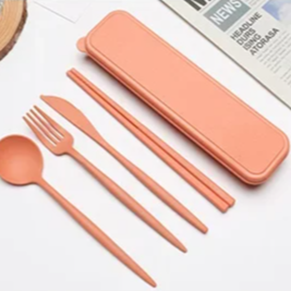 4PCS Portable Wheat Straw Cutlery Set – Spoon, Fork, Chopsticks with Storage Box for Travel & Daily Use