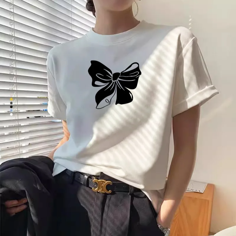Summer Cotton Printed O-Neck T-Shirt for Women – Korean Y2K Style Casual Short Sleeve Loose Fit Tee