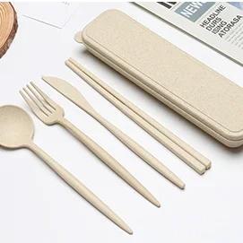 4PCS Portable Wheat Straw Cutlery Set – Spoon, Fork, Chopsticks with Storage Box for Travel & Daily Use