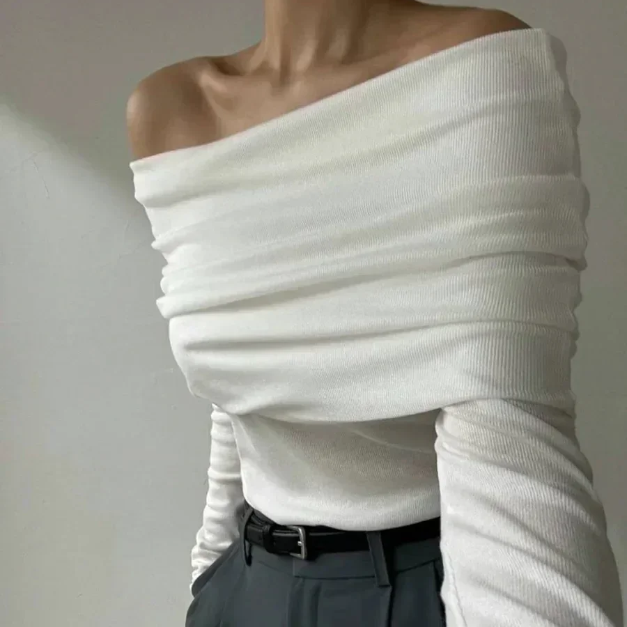 Women's One-Shoulder Knitted Sweater – Slimming Pullover with Long Sleeves, Solid Color High Street Style