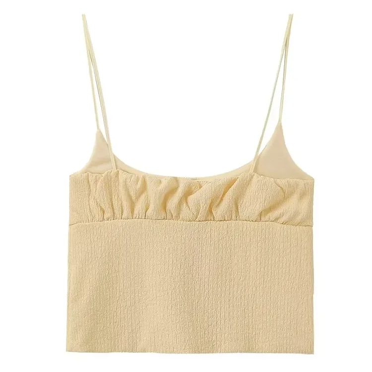 Women's Lace-Up Smock Crop Blouse – Sleeveless Pleated O-Neck Sling Top