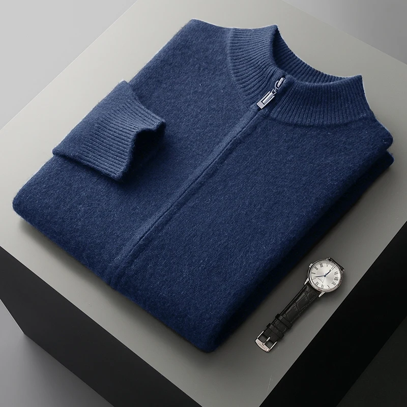 100% Merino Wool Men’s Zip Cardigan – Thick Warm Knitted Sweater with Mock Collar, Long Sleeve Casual Wool Top for Autumn & Winter