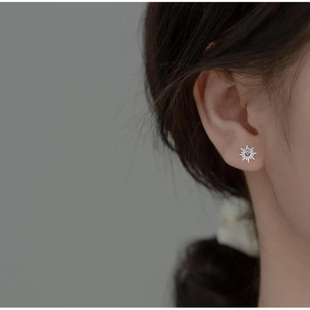 925 Sterling Silver Elegant Blue Zircon Sunburst Stud Earrings for Women – Dainty Crystal Star Earrings for Piercing, Party, and Everyday Wear