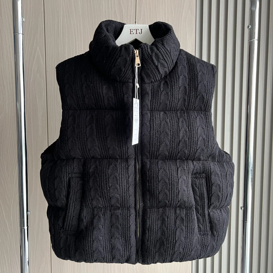 Thick Knitted Cotton Vest – Women's Sleeveless Zipper Puffer Gilet with Standing Collar
