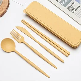 4PCS Portable Wheat Straw Cutlery Set – Spoon, Fork, Chopsticks with Storage Box for Travel & Daily Use