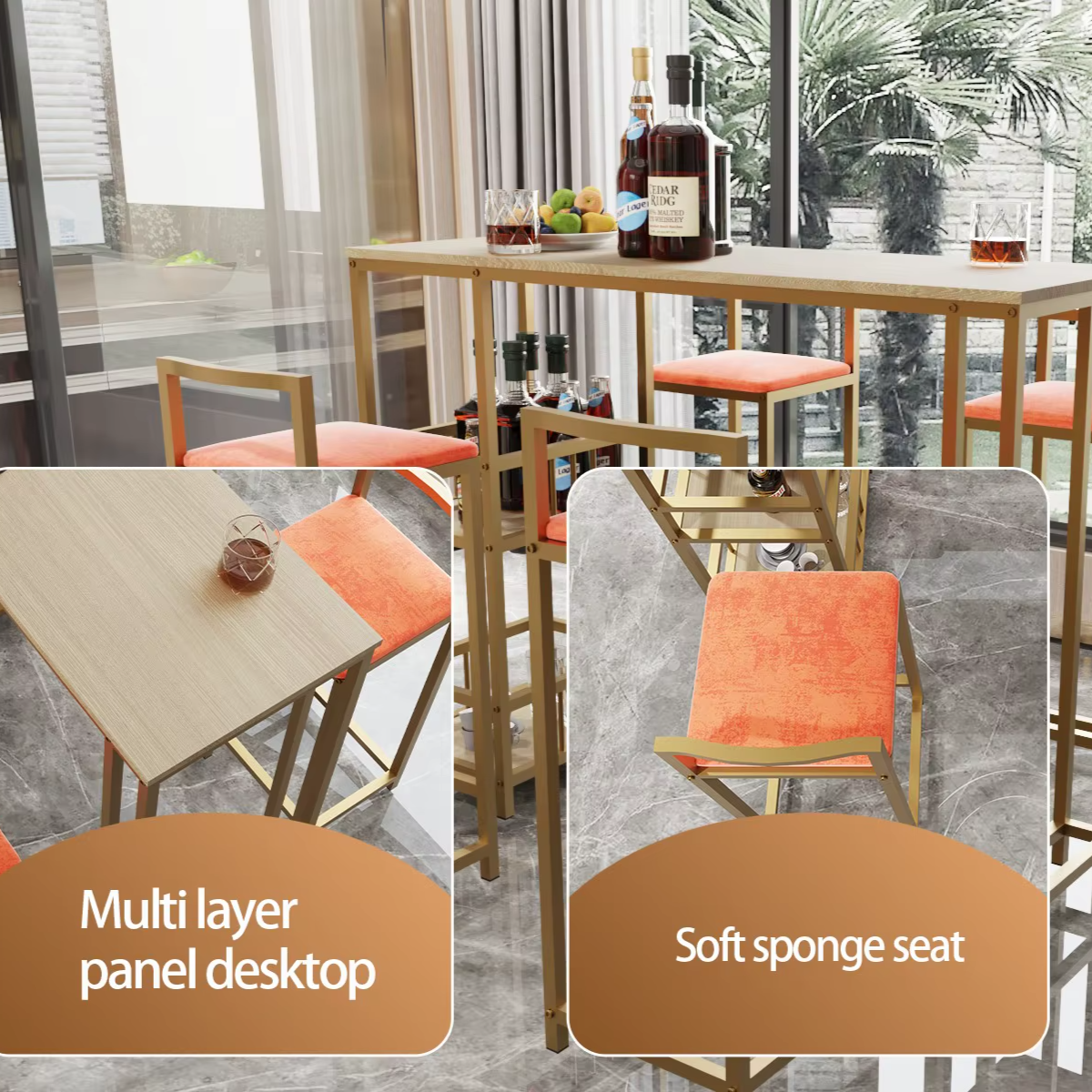 5-Piece Modern Bar Height Dining Set with Storage – Gold Frame and Orange Cushioned Chairs
