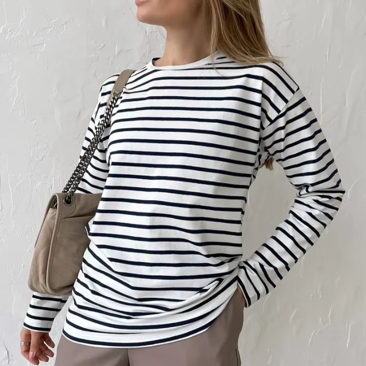 Women's Long Sleeve Striped T-Shirt – Casual Loose Cotton Tee Top for Spring Summer