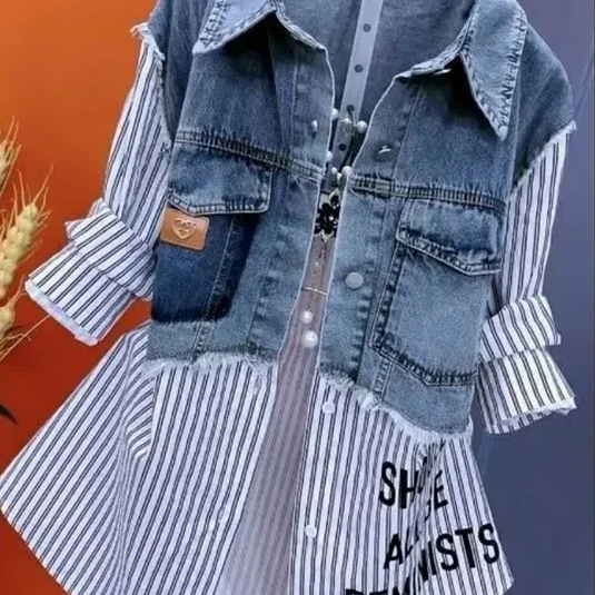 Women's Fake Two-Piece Denim Shirt Jacket – Casual Striped Patchwork Button Down Top with Short Sleeves