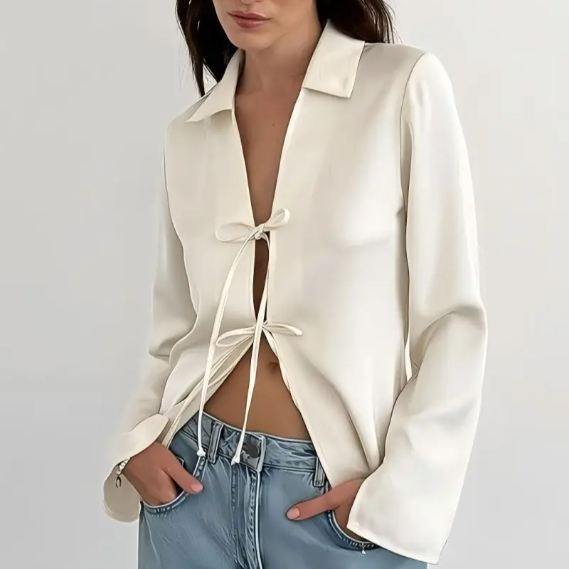 Solid Color Casual Chiffon Blouse – Long Sleeve Loose Fit Shirt with Bow Buttons for Women