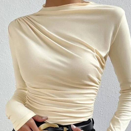Women's Slim Fit Pleated Long Sleeve T-Shirt – Solid Color Base Layer for Autumn and Winter