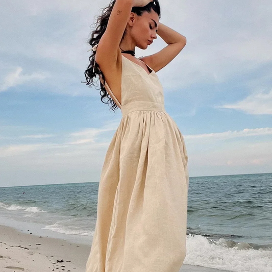 Women's V-Neck Cotton A-Line Beach Dress – Sleeveless Vintage Fit and Flare Sling Dress for Spring and Summer