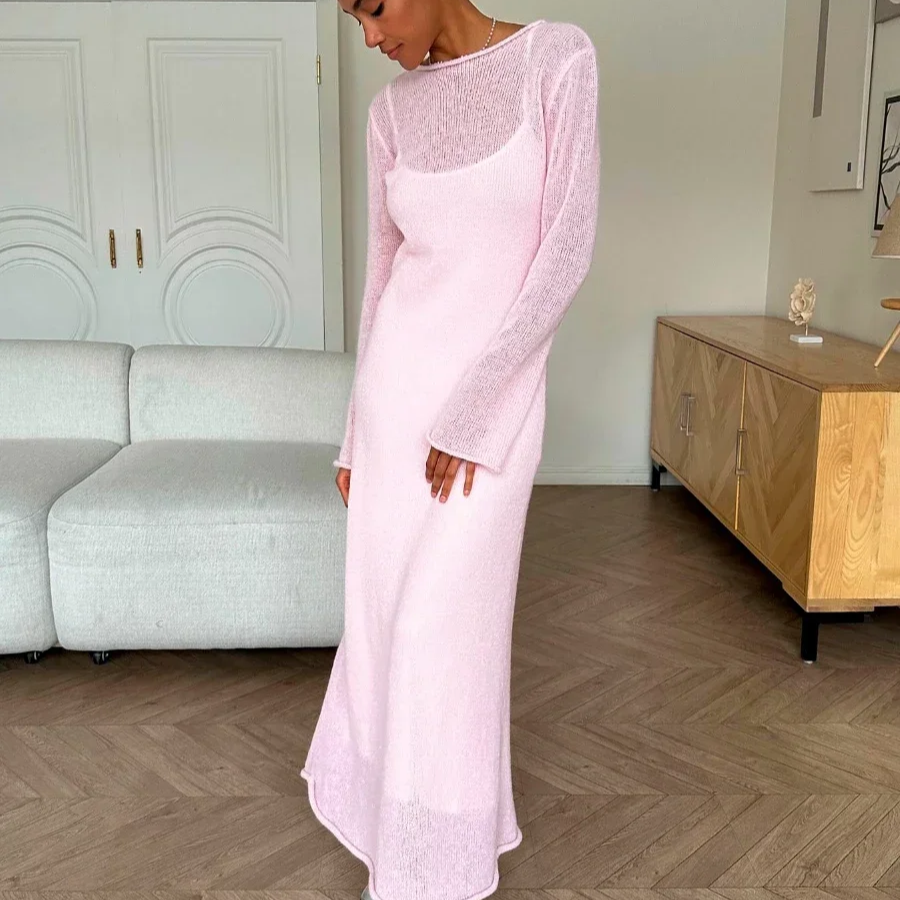Chic Knitted Two-Piece Dress Set for Women – Long O-Neck Sweater & Camisole Skirt Ensemble