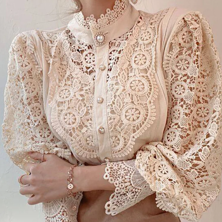 Chic White Chiffon Turtleneck Blouse – Elegant Lace Hollow Long Sleeve Oversized Top for Women
