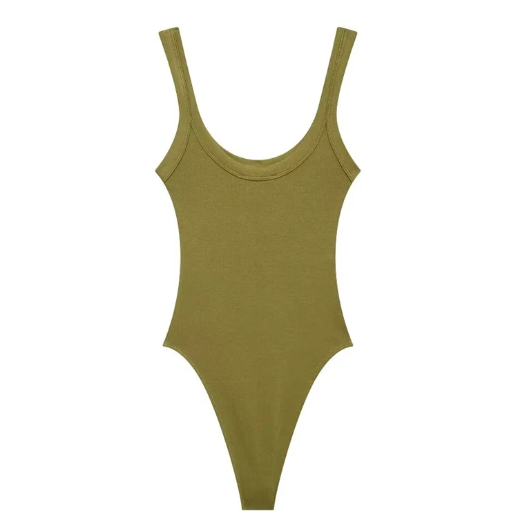 Skinny Ribbed Bodysuit for Women – O-Neck Strappy One-Piece with Snap Closure