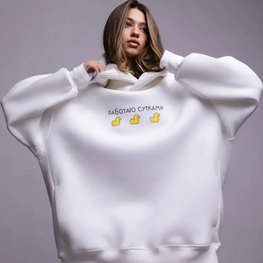 Women's Oversized Hoodie with Three Duck Print – Warm Fleece Pullover for Autumn and Winter