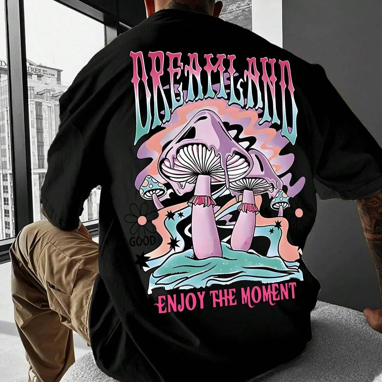 Unisex Cotton T-Shirt with Mushroom Back Print – Oversized Streetwear Style Tee (S–4XL)