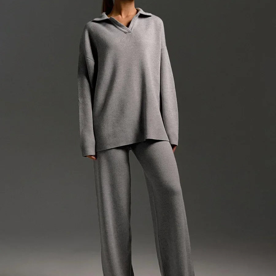 Women's Winter 2-Piece Knit Set – Polo Neck Sweater and Wide Leg Pants Lounge Outfit for Cold Weather