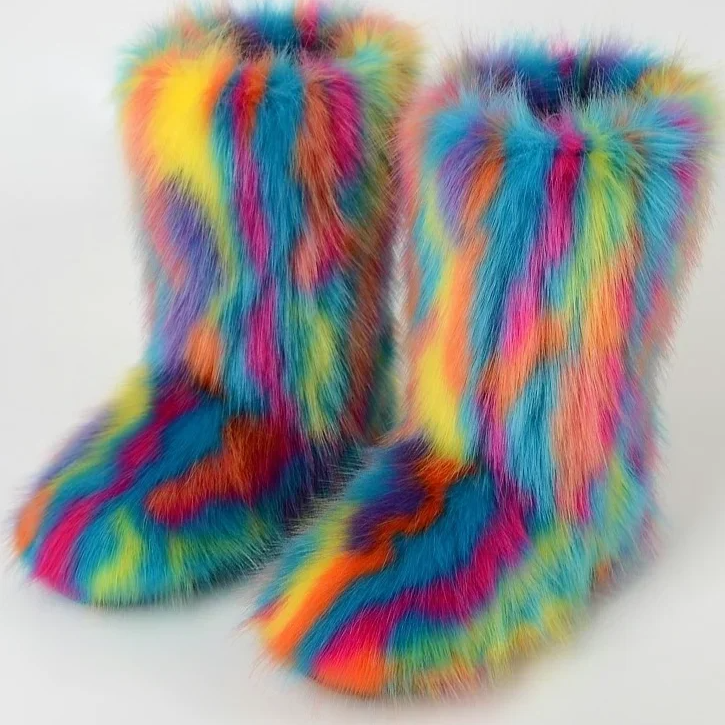 Women's Faux Fur Winter Snow Boots – Mid-Calf Plush Furry Slip-On Boots with Warm Lining and Rubber Sole